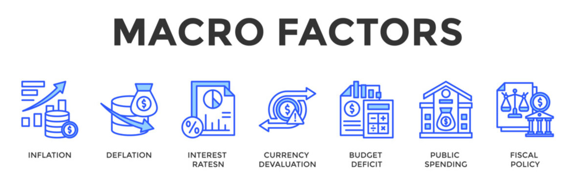 Macro Factors  Banner Web  Icon Set Collection Pack Vector Illustration Concept Containing Inflation, Deflation, Interest Ratesn, Currency Devaluation, Budget Deficit, Public Spending, Fiscal Policy