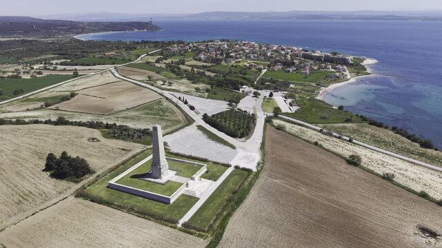 Aerial Drone View of Helles Memorial at Gallipoli Peninsula Canakkale World War I Memorial Turkey