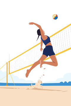 Beach volleyball player jumping to spike the ball over the net on a sandy beach.