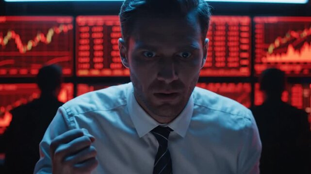 Man in white shirt looks concerned in front of red computer screens
