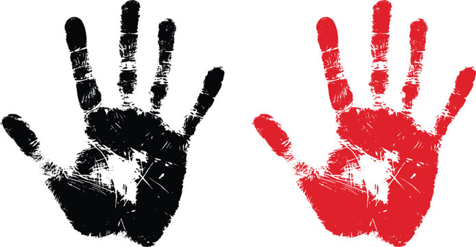 Grunge handprint vector set in black and red, textured human hand silhouettes, distressed palm print graphics for social justice and protest posters