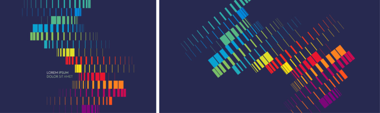 Geometric lines cascade onto a dark background. Image of multiple lines of varying thickness. Transition and displacement effects. Industrial style. Dynamic for brochure, poster, cover, presentation.