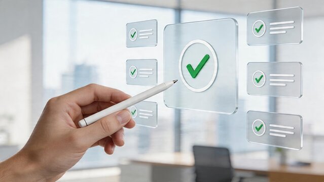 Business man selecting verification tick on holographic interface checking quality control list approving documents with digital pen positive feedback and customer satisfaction