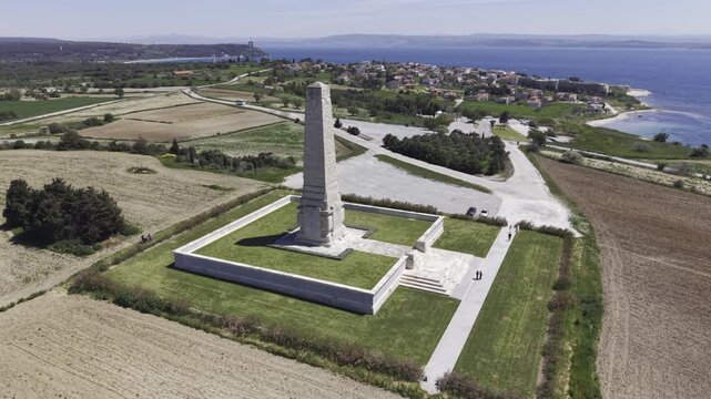 Aerial Drone View of Helles Memorial at Gallipoli Peninsula Canakkale World War I Memorial Turkey