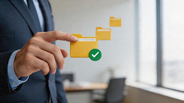 Businessman selecting digital folders with green checkmark data organization successful file management office technology concept modern business workflow information security