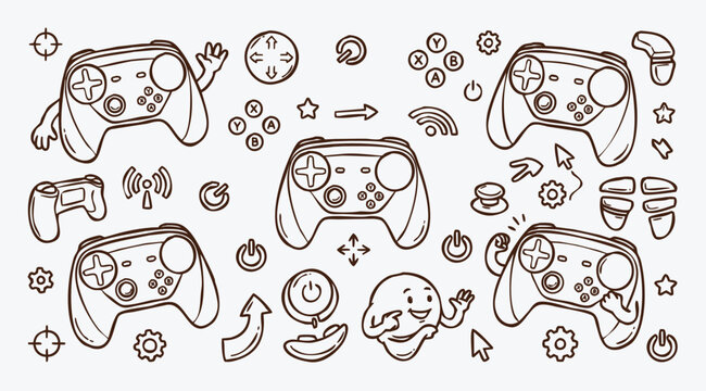 Video Game Controller and Gaming Equipment Hand Drawn Doodle Set