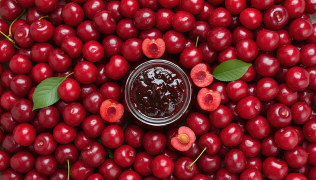 a jar of cherry jam in the center, surrounded by lots of fresh cherries in the background 