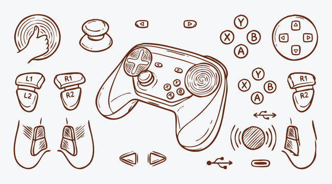 Video Game Controller and Gaming Equipment Hand Drawn Doodle Set
