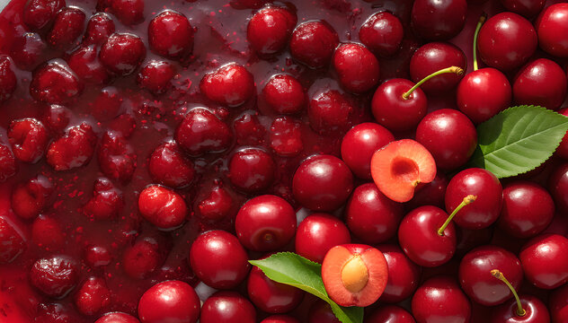 a background of sour red cherries and cherry jam 