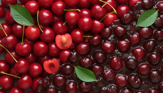 A close-up of the texture of freshly picked cherries and homemade cherry jam