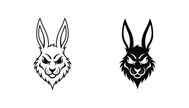 Aggressive rabbit head mascot design featuring sharp features and intense expression in outline and solid black vector styles