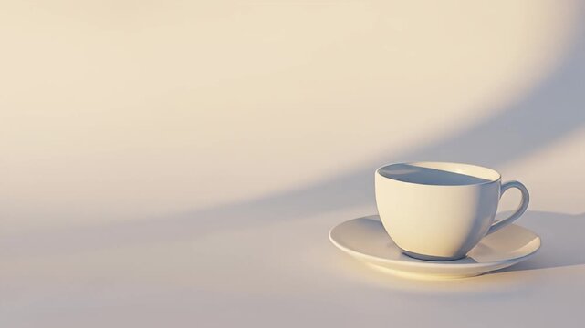 Minimalist view of white cup and saucer casting a long shadow against a warm background