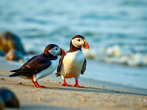 Two curious puffins walking on the Oregon beach near the ocean during the day