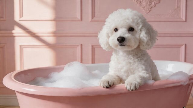 Adorable white poodle puppy sitting inside pink plastic tub filled with soap bubbles taking a bath at home cute pet grooming concept soft sunlight on pastel background