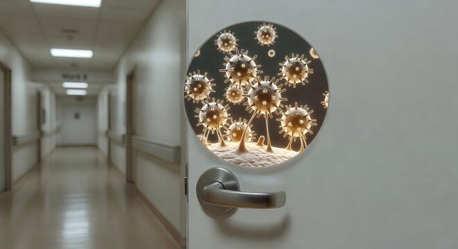 Hospital door handle covered with colorful virus particles, representing healthcare-associated infections, contamination risks, and the importance of hand hygiene