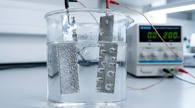 Laboratory electrolysis setup with two metal electrodes immersed in a liquid solution, producing steady streams of gas bubbles, representing water splitting and electrochemistry