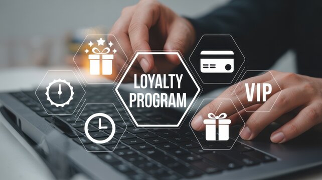 Close up of hands typing on laptop accessing online loyalty program and digital rewards