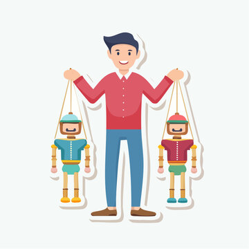 Man controlling two marionette puppets