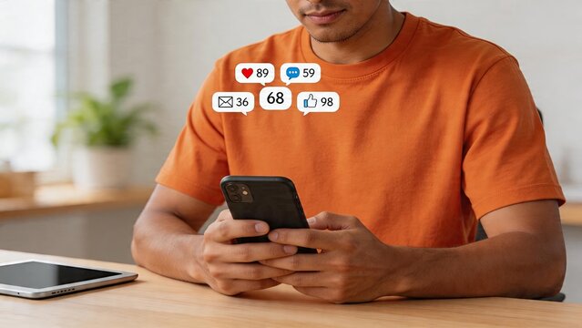 Male influencer checking likes comments and shares on smartphone social media engagement metrics content creator lifestyle mobile marketing success digital analytics dashboard