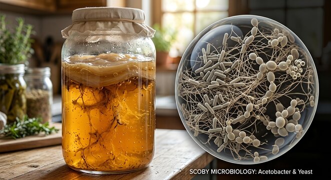 Glass jar of homemade kombucha tea showing a floating scoby (symbiotic culture of bacteria and yeast) with a microbiology illustration overlay, representing fermentation science