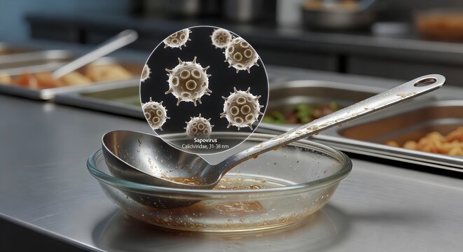 Commercial kitchen scene with virus particles hovering over raw ingredients, cutting boards, or prepared food, representing cross-contamination and foodborne illness risk