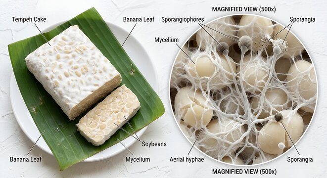 Traditional tempeh patty with an inset or floating close-up of rhizopus mold hyphae and spore sacs, perfect for food science, mycology, and vegan nutrition content