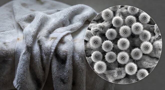 Dirty, damp towel showing visible black mold spots with an inset microscopic view of fungal hyphae and spores, representing bathroom contamination and health hazards