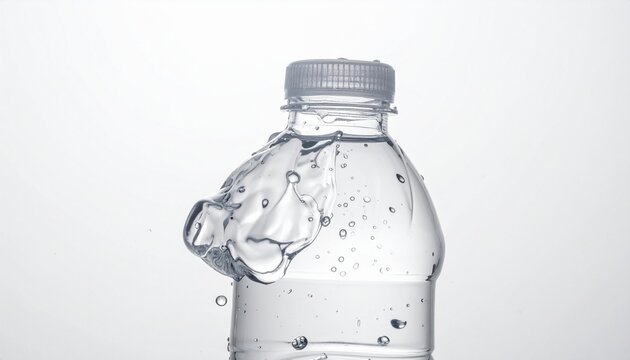 "Clear plastic water bottle with splash impact, droplets suspended in motion against white background."