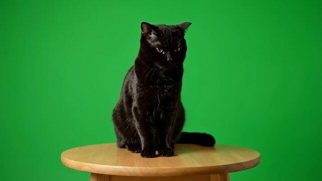A sleek black cat with bright eyes sits attentively on a wooden stool against a vibrant green background.