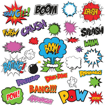 Colorful comic book explosion sound effects words and phrases on white background  various expressions and reactions in pop art style for graphic design and digital art