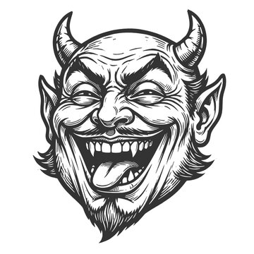 grinning devil face with horns, pointed ears, fangs, tongue, and sinister expression sketch engraving generative ai vector illustration. Scratch board imitation. Black and white image.