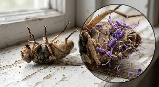 Magnified close-up of a dead housefly on a windowsill with visible microbes or bacteria on its body, representing disease vectors and sanitation concerns