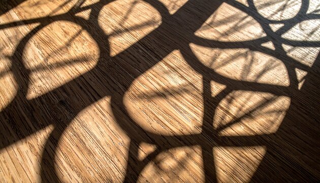 Warm geometric patterns on wood create intricate shadows, highlighting craftsmanship, natural texture, and soft lighting for a cozy, artistic, and calm atmosphere.
