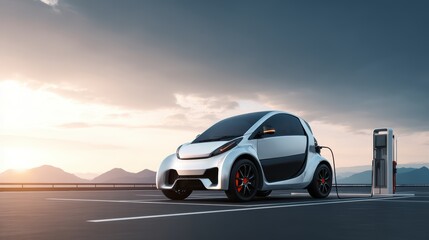 Fototapeta premium Compact Electric Car Charging at Modern EV Station with Mountain Sunset Background.