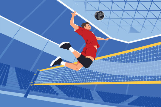 Male volleyball player jumping high for a powerful spike over the net.