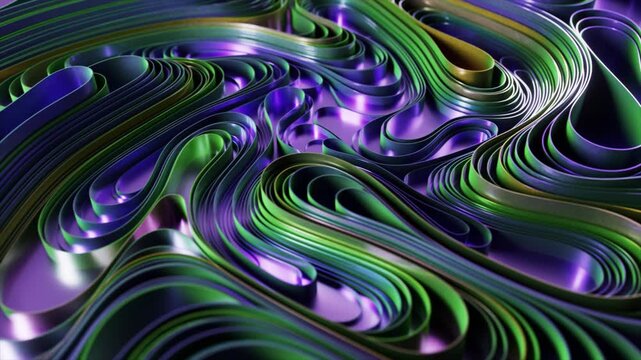 Colorful abstract background with moving green and purple flowing ribbons creating a mesmerizing and dynamic wave-like motion, showing a seamless and modern artistic loopable pattern