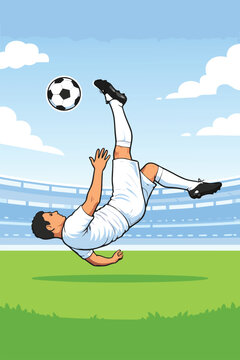 Soccer player performing an acrobatic overhead kick on a grass field.