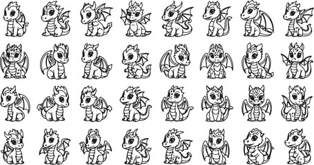 Fototapeta premium set of cute fantasy baby dragons in various poses flat design vector illustration
