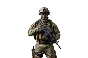 Obraz premium Special forces soldier holding assault rifle against transparent background