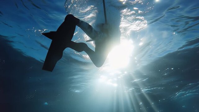 Speardiver ascends to surface while holding spear in clear ocean waters under beams of sunlight