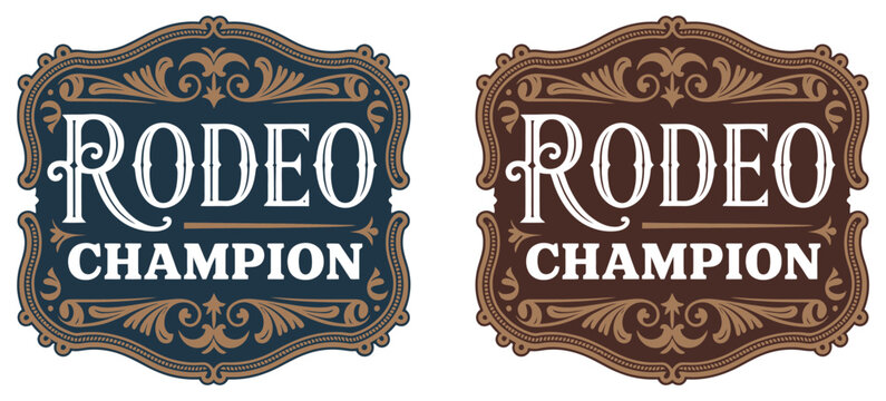 Rodeo champion cowboy belt buckle emblem illustration showing bull rider award badge, ornate vintage typography, engraved western style detailing, and decorative frame elements