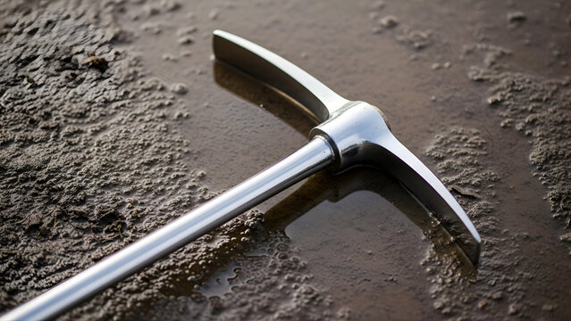 Close-up view of a gleaming metallic pickaxe head resting on wet soil, ready for a day of digging and excavation