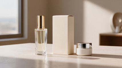 Minimalist beauty product mockup collection.
​Glass perfume bottle, gold cap.
​Plain beige...