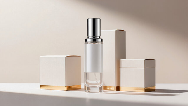 Minimalist white beauty product packaging set.
​Glass serum bottle with silver cap.
​Tall cream-colored rectangular cardboard box.
​Two square cosmetic boxes, gold trim.
​Soft diagonal shadows 