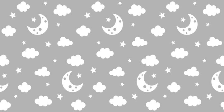 White crescents, clouds, and stars on a gray background. Endless texture with a night sky and a moon. Vector seamless pattern for wrapping paper, giftwrap, cover, nursery, surface texture and printing