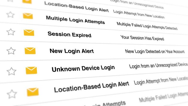 Email inbox interface displays urgent security notifications and system alerts in a digital animation sequence to demonstrate critical account protection features for user safety