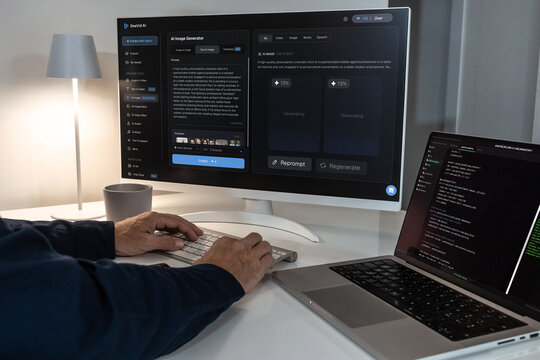 Milano Italy 3/23/2026 Programmer working late on dual monitor setup using text to image generative artificial intelligence software to create digital art and writing programming code on laptop
