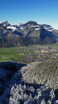 Panoramic view of the town of Interlaken in Switzerland taken from the Harder Kulm viewpoint