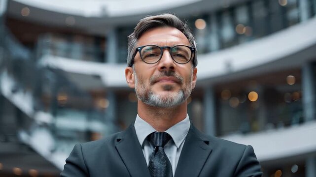 Mature business leader confidently posing in a modern corporate setting, demonstrating professionalism and authority