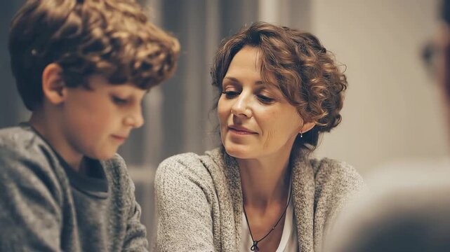 Mother and son engage in discussion with psychologist about emotional well-being and personal challenges during a counseling session